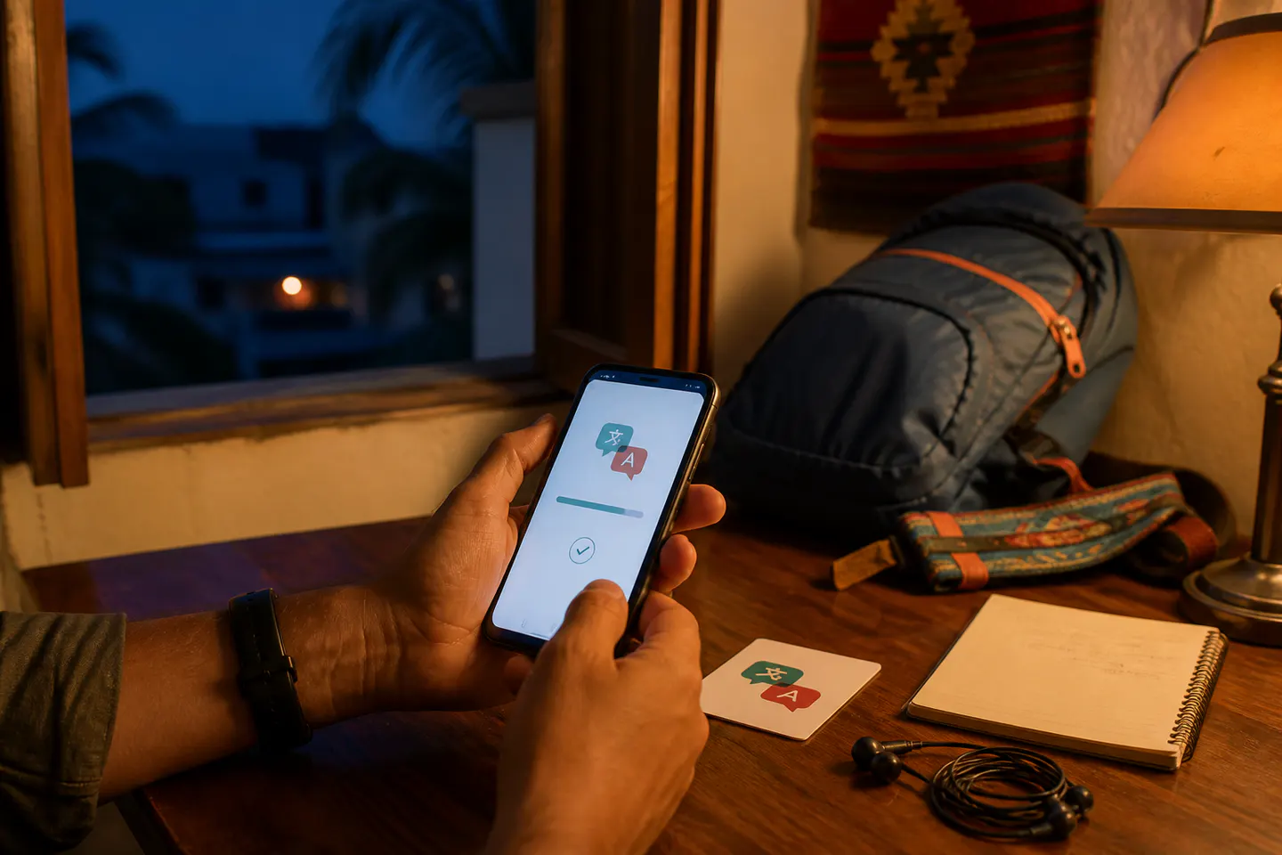 A traveler verifies a downloaded language tool on a phone beside a paper backup and packed day bag