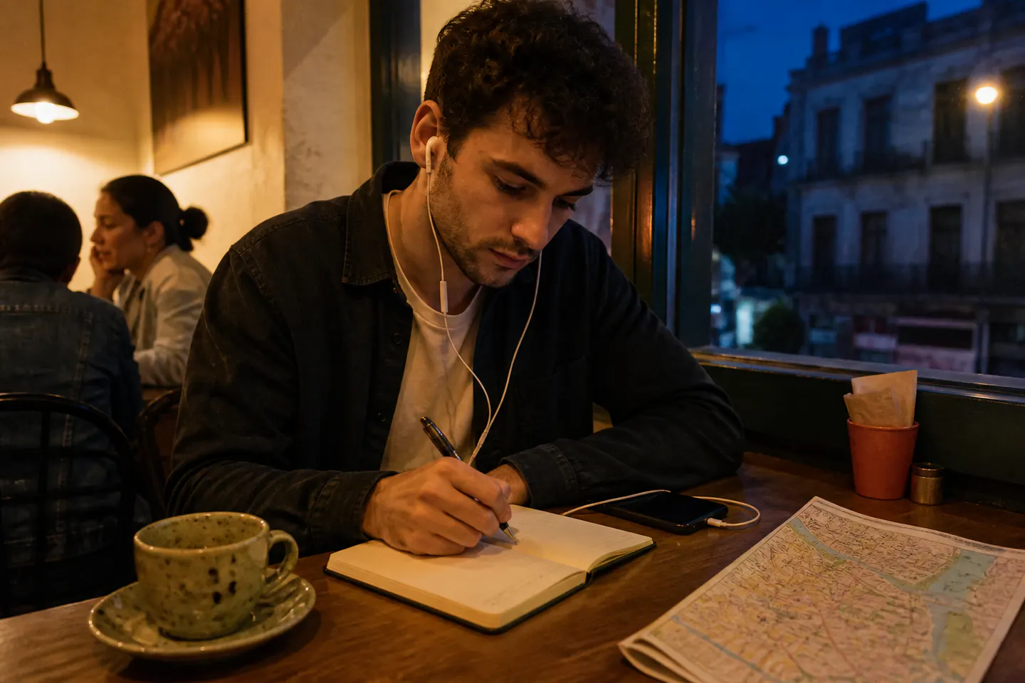 A traveler listens through earbuds and writes a practical Spanish study plan beside a map