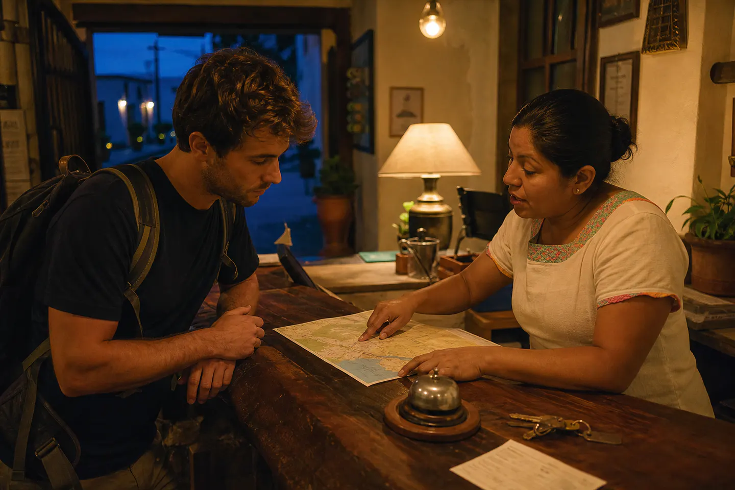 A traveler listens while a hotel receptionist points out a route on a map